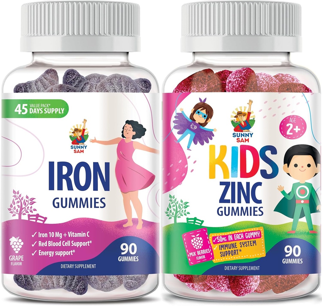 SUNNY SAM Zinc Gummies for Kids & Iron Gummies for Adults, Iron Vitamins with Vitamin C