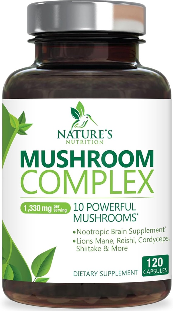Mushroom Brain Supplement 1330 mg - 10 in 1 Συγκρότημα Mushroom υψηλής αντοχής με Lions Mane, Turkey Tail, Reishi, Cordyceps, Chaga & Brain Nootropic Complex για υποστήριξη μνήμης & εστίασης - 120 κάψουλες