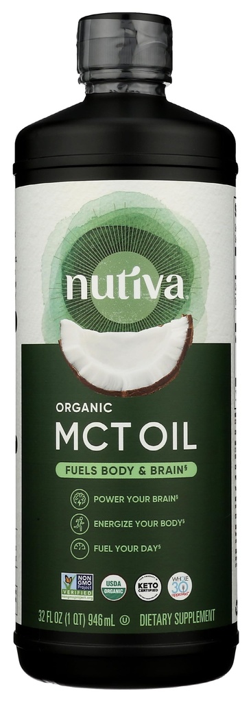 Nutiva Organic MCT Oil, Unflavored, 32 Oz, USDA Organic, Non-GMO, Non-BPA, Whole 30 Approved, Vegan, Gluten-Free & Keto, 14g MCT per Serving & Neutral Flavor for Energy Boost to Coffee, Shakes and Salads