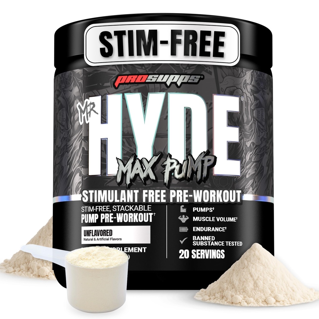 PROSUPPS κ. Hyde Max Αντλία πριν από την προπόνηση σκόνη - Stim-free Preworkout Υποστηρίζει τη ροή του αίματος, τον όγκο των μυών & την αντοχή - Caffeine-free Nitric Oxide Γυμναστήριο & Fitness Συμπληρώματα (Unflaved, 20 Services)