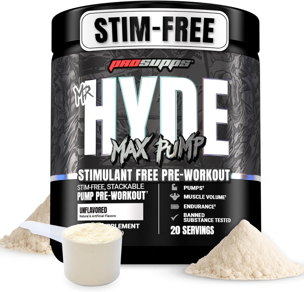 PROSUPPS κ. Hyde Max Αντλία πριν από την προπόνηση σκόνη - Stim-free Preworkout Υποστηρίζει τη ροή του αίματος, τον όγκο των μυών & την αντοχή - Caffeine-free Nitric Oxide Γυμναστήριο & Fitness Συμπληρώματα (Unflaved, 20 Services)