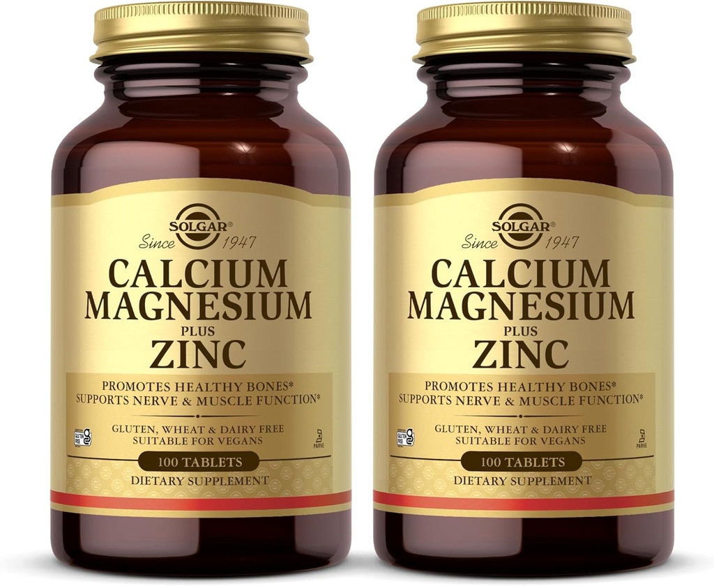 Solgar Calcium Magnesium Plus Ψευδάργυρος, 100 δισκία (πακέτο των 2) - Προάγει υγιή οστά και δόντια - Υποστηρίζει νευρική & μυϊκή λειτουργία - μη ΓΤΟ, Vegan, χωρίς γλουτένη, χωρίς γαλακτοκομικά, Kosher - 66 Σύνολο σερβιρίσματος