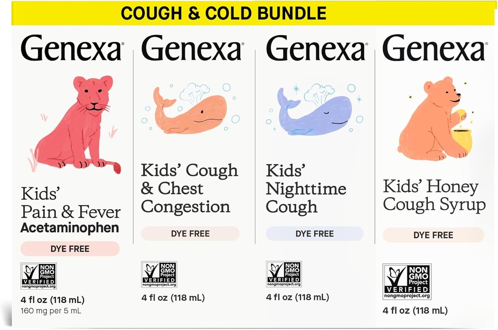 Clean Cough Medicine & Honey Syrup, Pain & Fever Reducer Value 4-Pack, Dye Free, 0% Τεχνητά Πρόσθετα, Φροντίδα Βήχας για Παιδιά, Πυρετός & Αναπνευστήρας Πόνος, 16 fl oz (4 μπουκάλια)