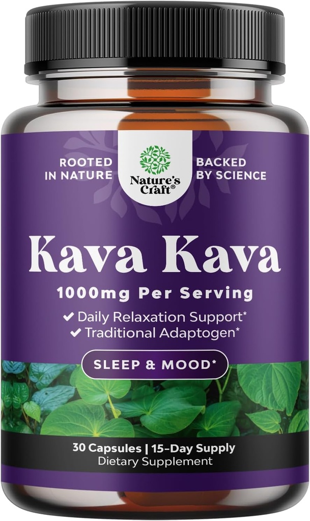 Kava Kava Root Extract Supplement 1000mg - Γρήγορη ενεργός βοτανική υποστήριξη με Kavalactones για ισορροπημένη διάθεση - Χαλαρώστε την ηρεμία κάψουλες για υποστήριξη στρες & καλύτερο ύπνο - 15 εξυπηρετήσεις