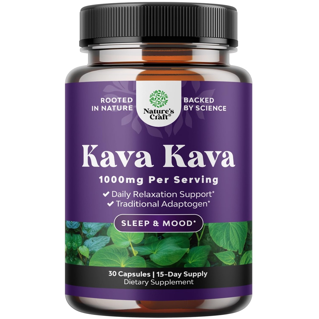 Natures Craft Kava Kava Root Extract Supplement 1000mg per Serving - Fast Acting Herbal Support for Balanced Mood - Relax Calming Capsules for Stress Support & Better Sleep - 30 Count