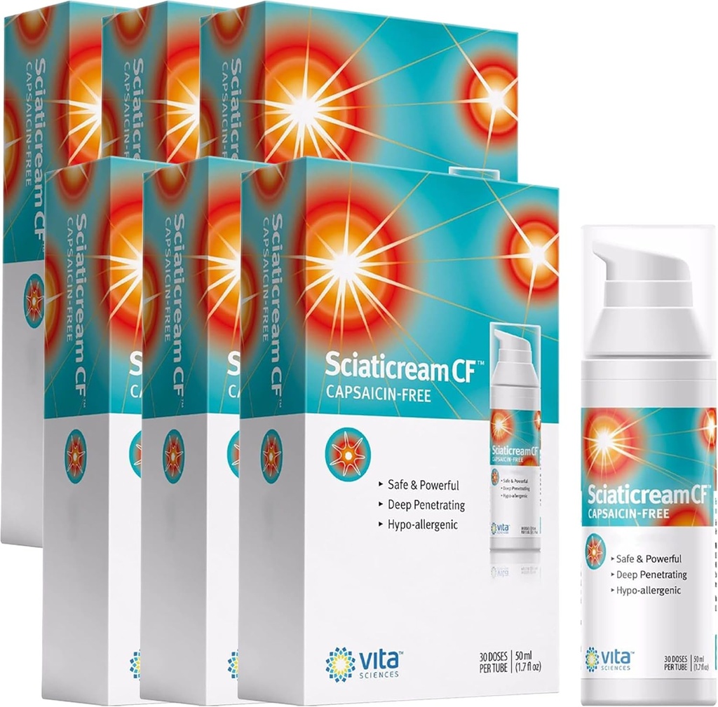 Vita Sciences Sciaticream CF: Rapid Soothing Cream for Sciatic Nerve with Arnica, B1, B5, B6, MSM, Aloe και Coconut Oil Base. Καψαϊκίνη-FREE. Fast Acting Soothing Formula - Συσκευασία των 6