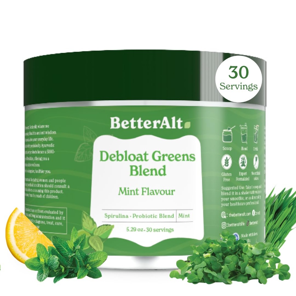 Better Alt Greens Powder, Detox & Debloat με 15 Super Greens Blend Spirulina, Moringa Powder, Wheatgrass, Pre & Probiotics, Συσκευασμένο με Αντιοξειδωτικά, Mint Flavor, No Maltodextrin, 30 Services