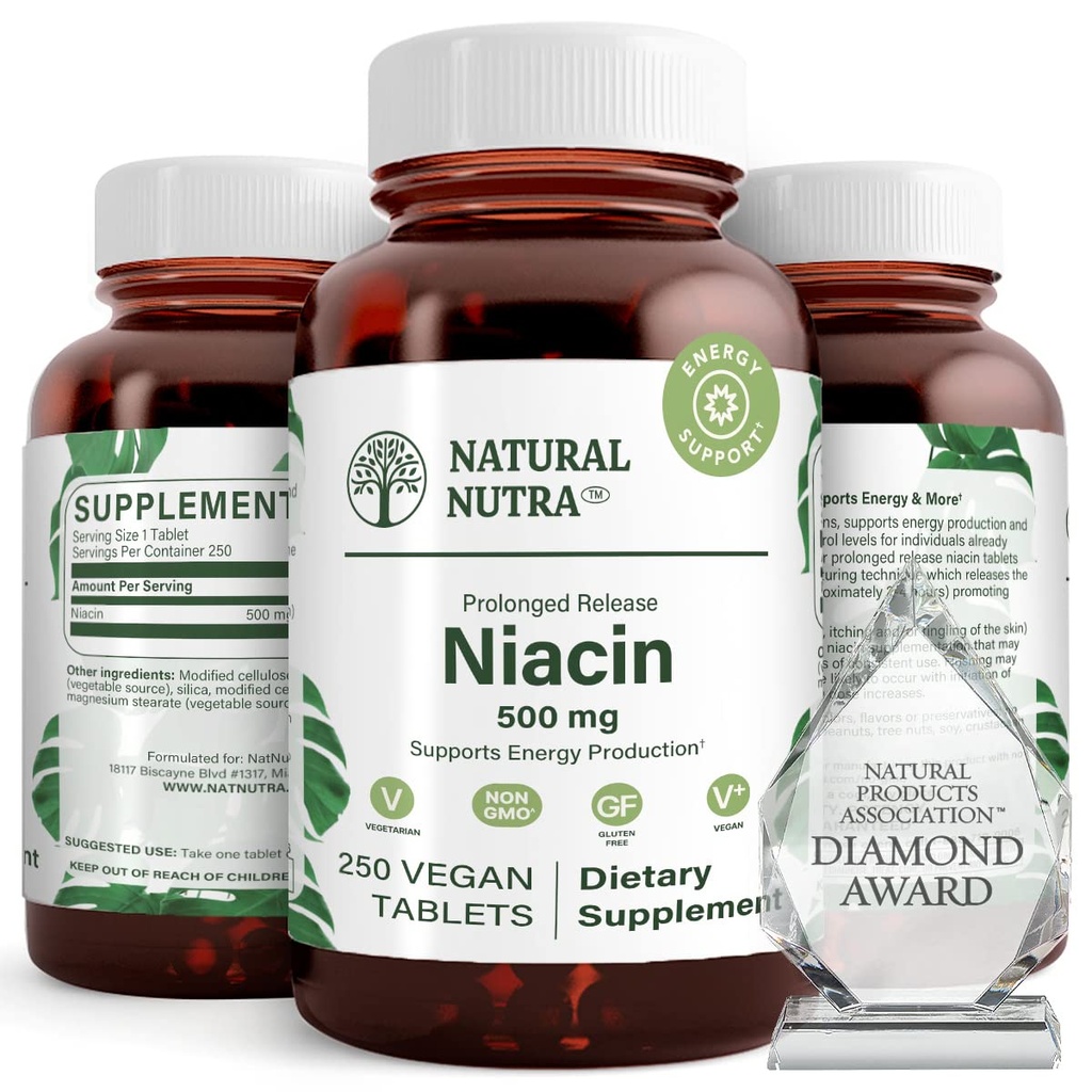 Natural Nutra Time-Release Slow Niacin 500mg (Vitamin B3), Υποστήριξη Υγιής Χοληστερόλη, Προάγει την Καρδιαγγειακή Υγεία, Προάγει τα Δερματικά Κύτταρα και Βελτιώνει τη Γνωστική Λειτουργία, 250 Vegan Tablets
