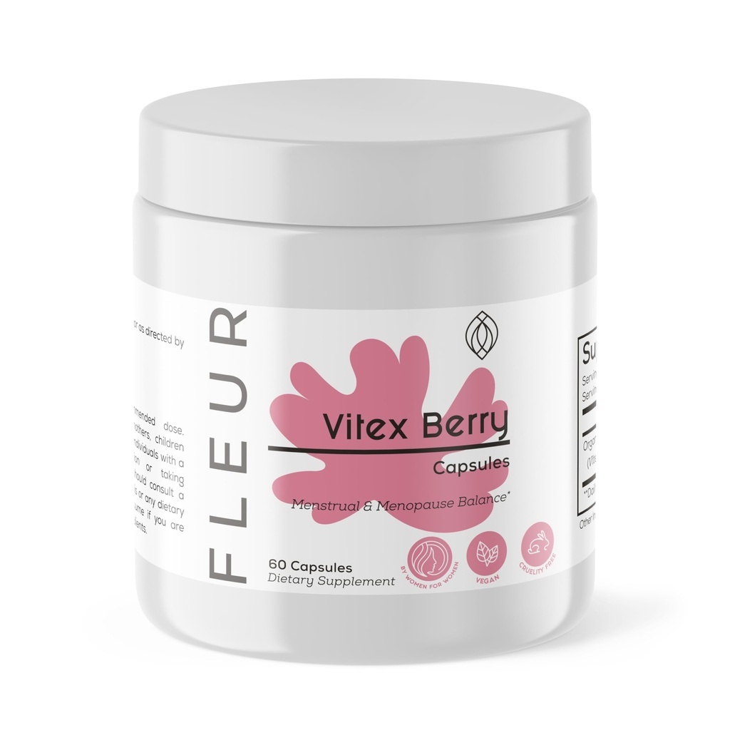 FLEUR Vitex Κάψουλες, Vitex Chasteberry για την ισορροπία ορμονών για τις γυναίκες, το συμπλήρωμα PSOS βοηθά να διατηρηθεί το επίπεδο προγεστερόνης για την υποστήριξη εμμηνορροϊκού κύκλου, γονιμότητας και υποστήριξης PMS, 500mg, 60Ct