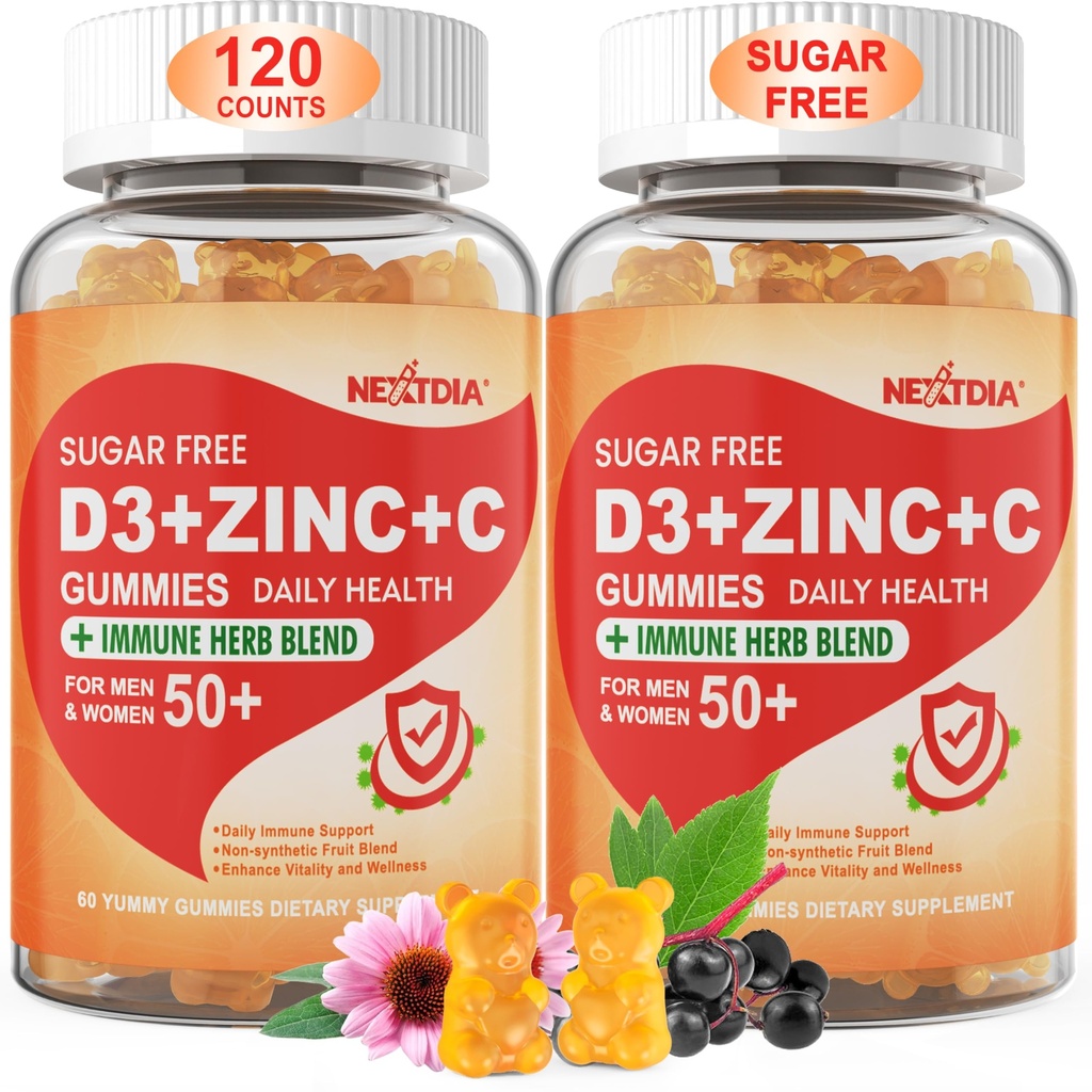 Χωρίς ζάχαρη Βιταμίνη C + D3 + Gummies ψευδάργυρου για ενήλικες 50 +, 9 σε 1 συμπλήρωμα ανοσοποίησης με D3 5000IU, Elderberry, Echinacea, Mullein Leaf for Boost Immunity, Power Antioxidant, Vegan (Pack of 2)