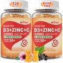 Χωρίς ζάχαρη Βιταμίνη C + D3 + Gummies ψευδάργυρου για ενήλικες 50 +, 9 σε 1 συμπλήρωμα ανοσοποίησης με D3 5000IU, Elderberry, Echinacea, Mullein Leaf for Boost Immunity, Power Antioxidant, Vegan (Pack of 2)