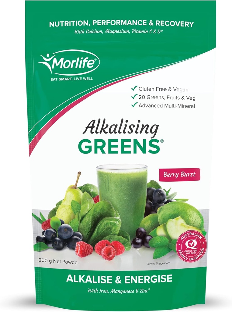 Morlife Alkalising Πράσινο συμπλήρωμα σκόνης, Berry Burst, 20 Super Greens, Φρούτα και Λαχανικά, Προ & Προβιοτικά, Key Alkalising Ορυκτά, Χορτοφαγικά Superfood Formula, 7 oz, 20 Υπηρεσίες