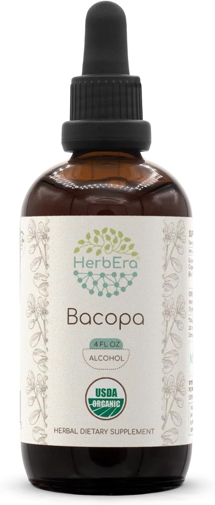 HerbEra Bacopa A120 USDA Organic Tincture | Alcohol Extract, High-Potency Herbal Drops, Relaxation, Positive Cognitive Effect | Certified Organic Bacopa (Bacopa Monnieri) Dried Herb (4 fl oz)