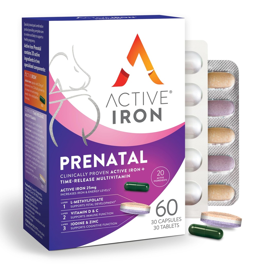 Active Iron Supplement 25mg + Prenatal Multivitamin, Clinically Proven to Increase Iron & Reduce Tiredness, Maximum Absorption, Gentle, Non-Constipating, 30 Capsules + 30 Time Release Tablets