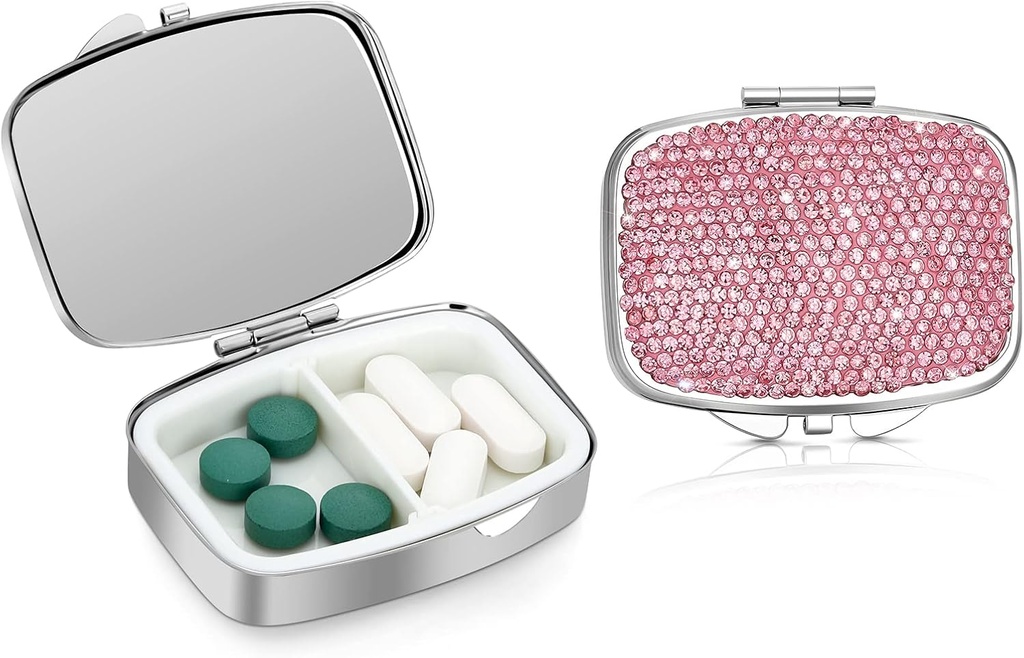 Soleebee Bling Crystal Pill Box, Φορητό 2 διαμερίσματα Daily Pill Organizer, μικρό ταξιδιωτικό χάπι περίπτωση για το πορτοφόλι ή τσέπη, ιατρική Vitamin Pill Container Organizer (Pink)