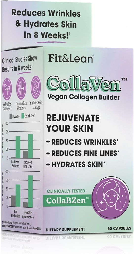 Fit & Lean CollaVen Vegan Collagen Builder, Clinically Proven, Vegan, Plant-based Collagen with Vitamin C for Youthful & Hydrated Skin, Reduces Wrinkles, Boosts Collagen Production, 60 Vegan Capsules