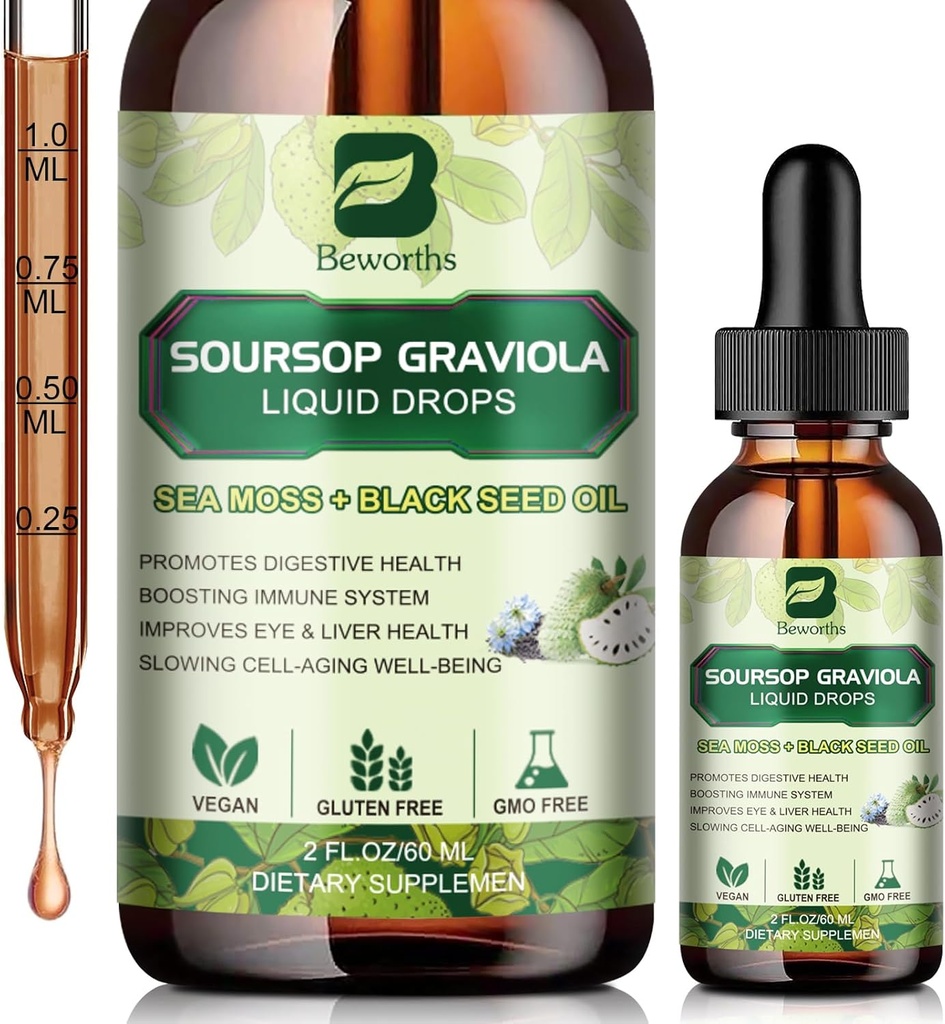 Soursop Bitters Liquid Drops, Soursop Graviola Leaf Extract Multivitamin Drops with Sea Moss Black Seed Oil Supplement - Υποστηρίζει Αντιοξειδωτικό, επιβραδύνοντας τη γήρανση των κυττάρων, καθαρισμού των ούρων, Detox & Ανοσία Υγεία