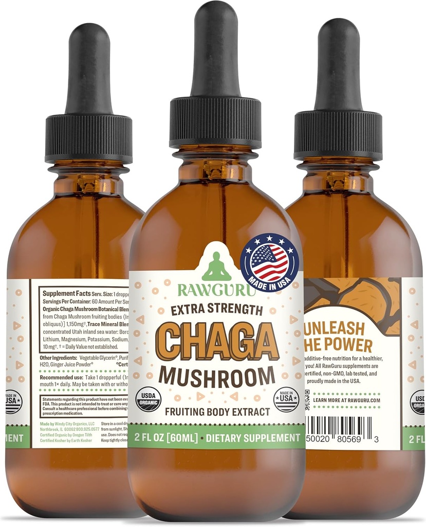 RawGuru Chaga Mushroom Supplement - Vegan Chaga Mushroom Extract with Trace Minerals - Nano-Processed Immunity Boost & Cognitive Supplement Timcture - 60 Μερίδες Vegan Drops ανά 60 ml, Συσκευασία 1