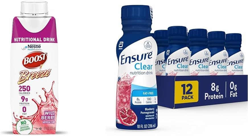 Προβολή Breeze Clear Nutritional Drink, 9g Protein, 250 Nutrient-Rich Calories, Wild Berry, 8 fl oz & Εξασφαλίστε Liquid Clear Nutrition Drink, 0g λίπος, 8g πρωτεΐνη, Blueberry Ρόδι, 10 fl Oz