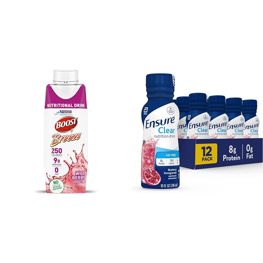 BOOST Breeze Clear Nutritional Drink, 9g Protein, 250 Nutrient-Rich Calories, Wild Berry, 8 fl oz & Ensure Liquid Clear Nutrition Drink, 0g fat, 8g of protein, Blueberry Pomegranate, 10 Fl Oz