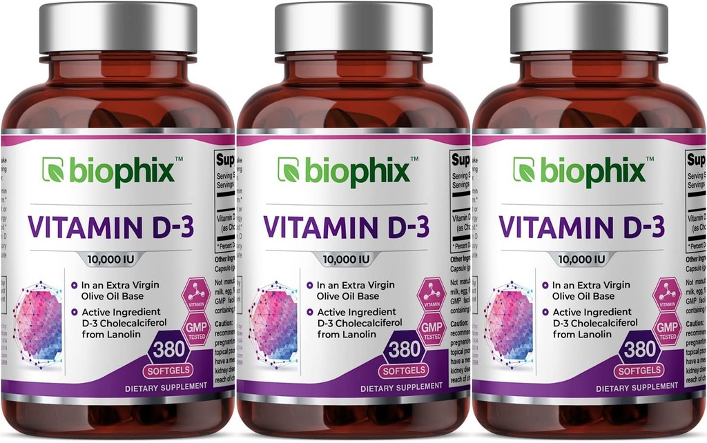 biophix Vitamin D-3 10000 IU 380 Softgels 3 Pack - High-Potency in Extra Virgin Olive Oil Non-GMO Soy-Free Supports Strong Bones Immune Health