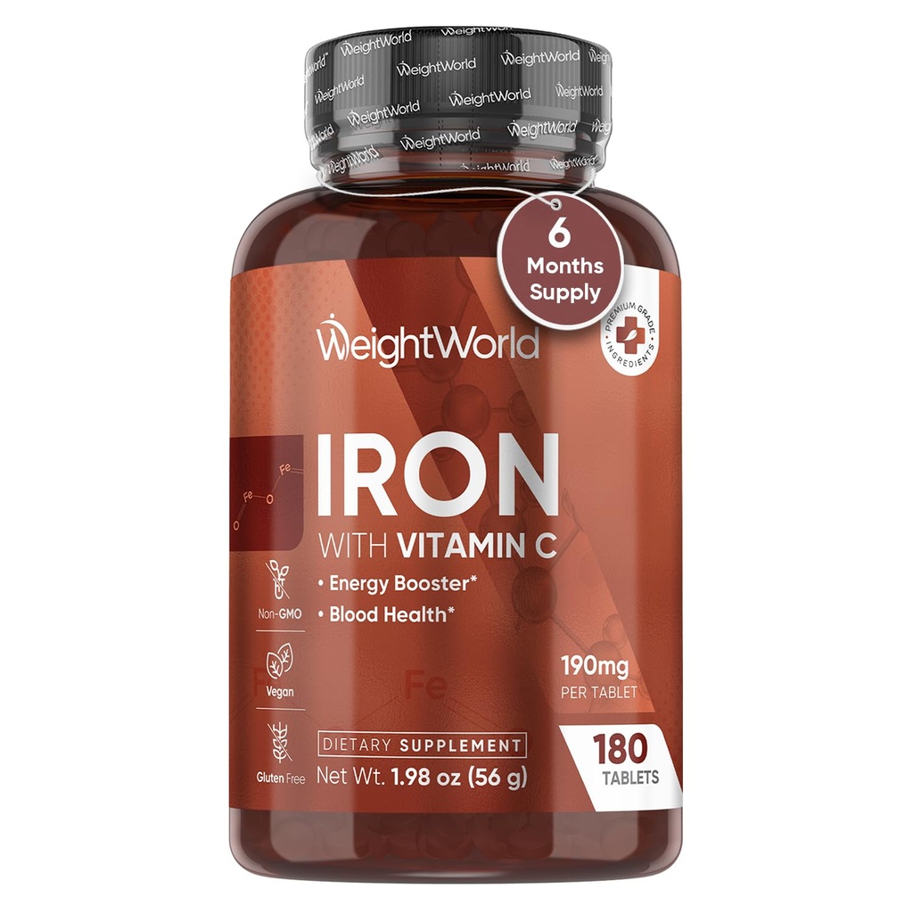 WeightWorld Iron Supplement 65mg - με Βιταμίνη C 125mg - 180 Vegan Tablets (6 Μήνες Προσφορά) - Gentle Carbonyl Iron Supplement for Women & Men - Energy Booster & Blood Heath - Μη ΓΤΟ & Χωρίς Γλουτένη