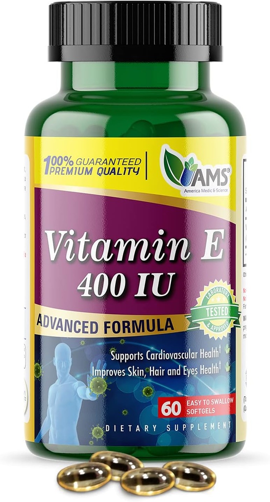 America Medic & Science Vitamin E 400 IU (60 Softgels) Dietary Supplement That Supports Heart Health, Promotes Healthy Skin, Hair, Eyes and Immune System | Dl-Alpha Tocopheryl Acetate Gel Capsules