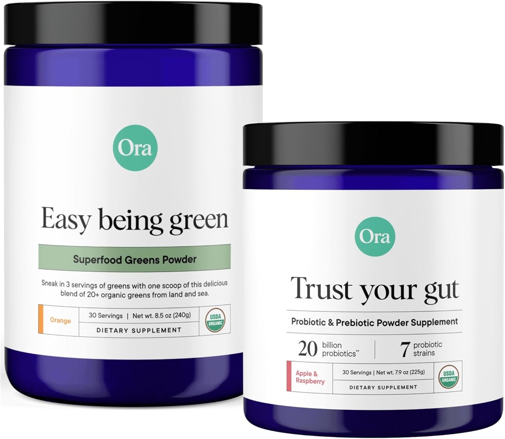 Organic Prebiotic & Probiotic Powder & Greens Powder Bundle: 20 Billion Probiotic, Apple & Raspberry Flavor, 30 Μερίδες & 20+ Superfood Greens Blend - Citrus Flavor, 30 Μερίδες