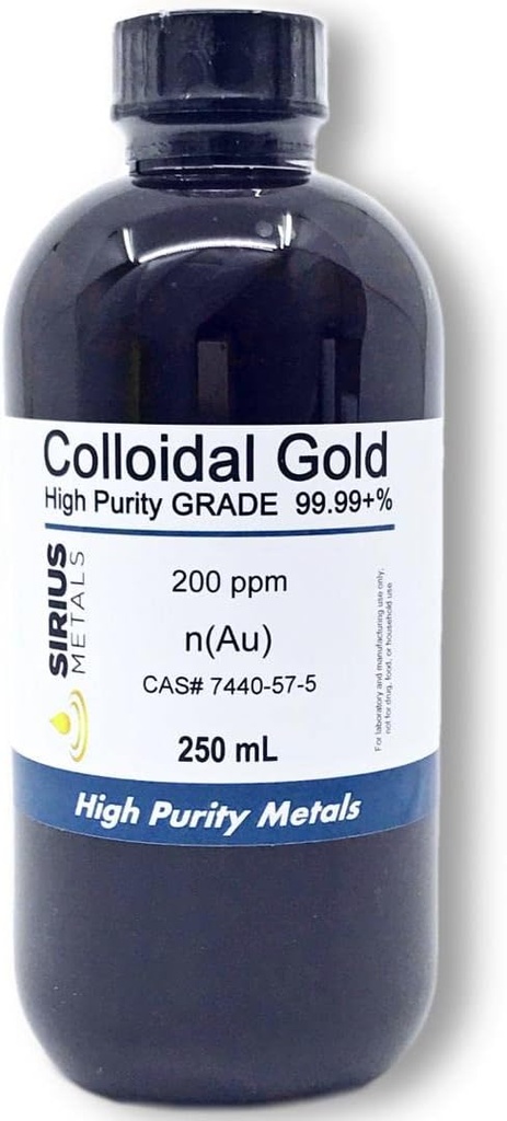 Αληθινό κολλοειδές χρυσό – 200 ppm - 250 mL (8,45 fl Oz) σε σαφές BPA-ελεύθερο πλαστικό μπουκάλι