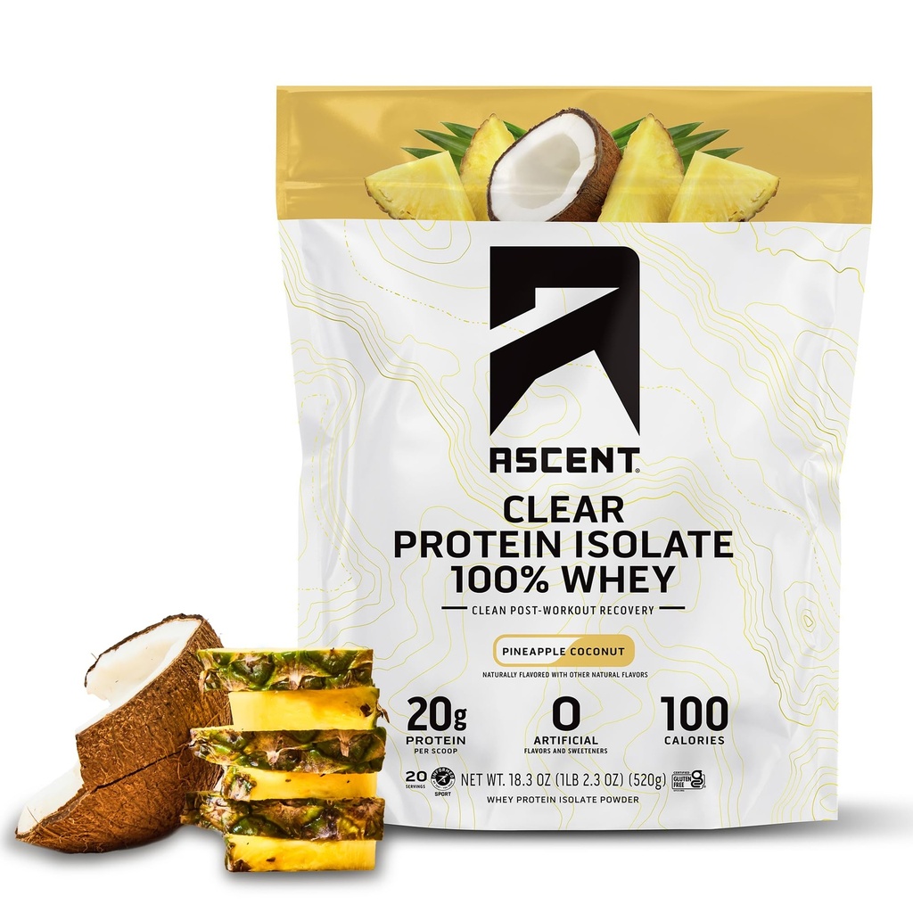 Ανύψωση 100% Clear Whey Protein Powder - Post Workout Whey Protein Isolate, Zero Artificial Flavors & Sweeteners, Gluten Free, 5.5g BCAA, 2.1g Leucine, Essential Amino Acids, Pineapple Coconut, 20 Serv