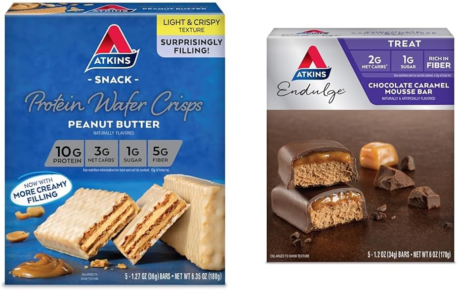 Atkins πρωτεΐνη φυστικοβούτυρο Wafer crisps 5 Count and Chocolate Caramel Mousse Bars 5 Count Bundle