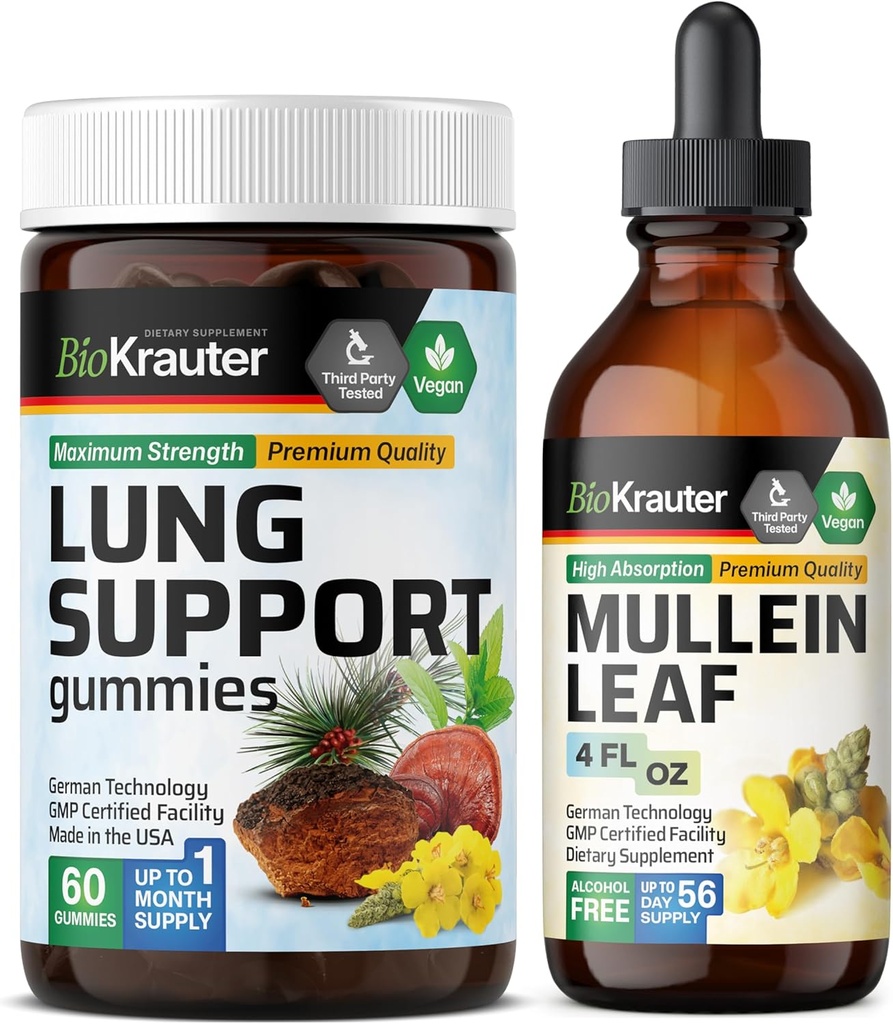 BIO KRAUTER Lung Support 60 Gummies & Mullein Tincture 4 Fl. Oz.