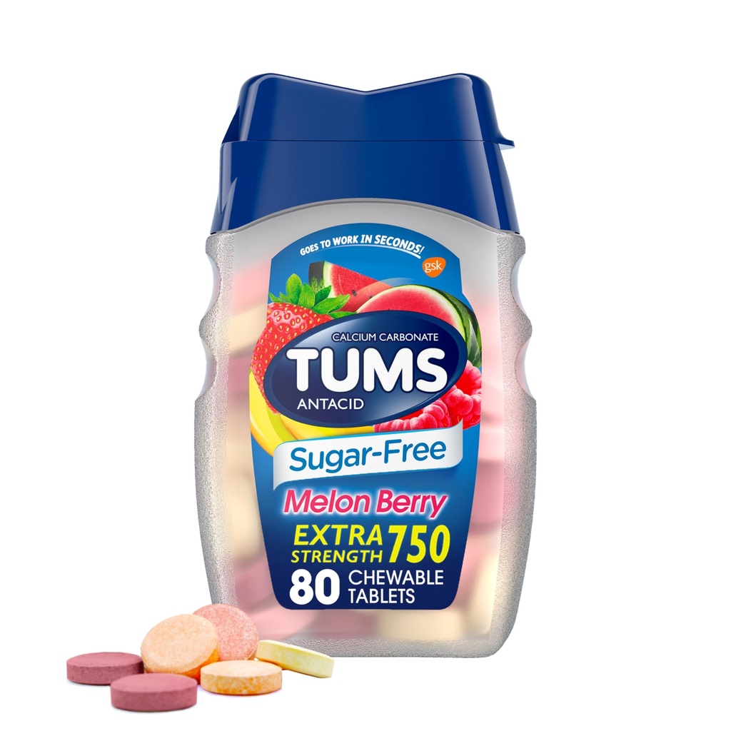TUMS Επιπλέον δύναμη Μασώμενα αντιόξινα δισκία για την ανακούφιση από εγκαύματα, Μέλον μούρο - 80 Count