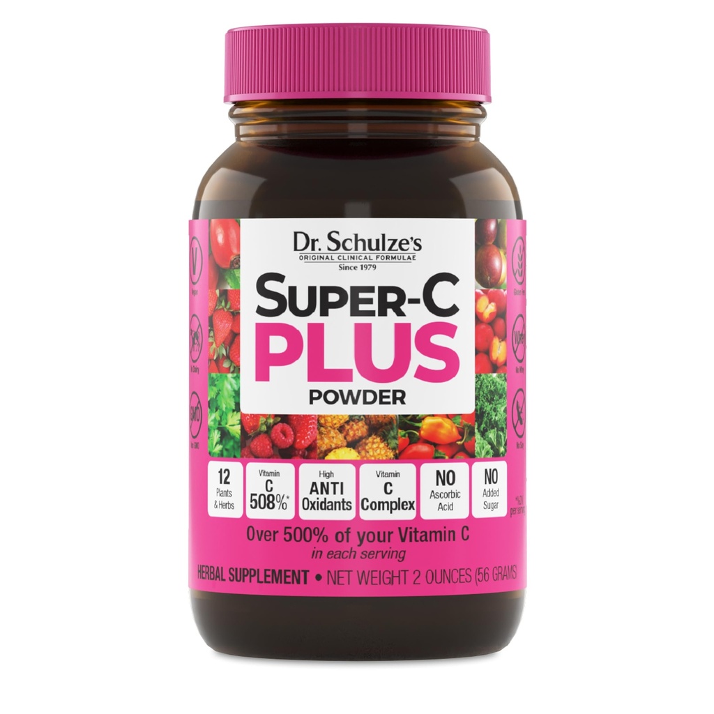 Το Super-C Plus του Dr. Schulze - Συμπλήρωμα βιταμίνης C για την υποστήριξη του ανοσοποιητικού - Υγεία του δέρματος & Αντιοξειδωτική Υποστήριξη - Φόρμουλα υψηλής ισχύος - Φυτική βάση Superfood - Χωρίς γλουτένη & Vegan - 2 oz (20 υπηρεσίες)