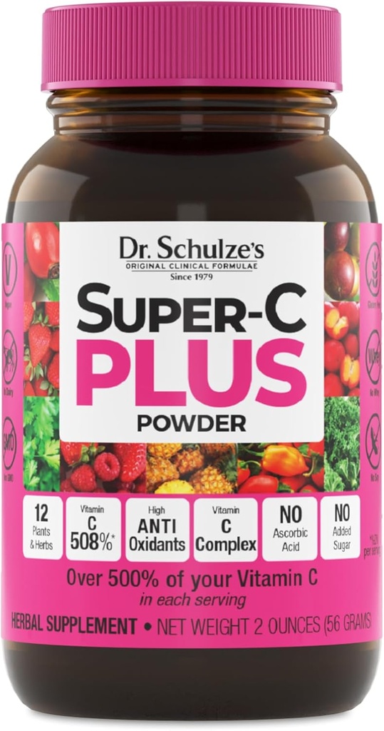 Το Super-C Plus του Dr. Schulze - Συμπλήρωμα βιταμίνης C για την υποστήριξη του ανοσοποιητικού - Υγεία του δέρματος & Αντιοξειδωτική Υποστήριξη - Φόρμουλα υψηλής ισχύος - Φυτική βάση Superfood - Χωρίς γλουτένη & Vegan - 2 oz (20 υπηρεσίες)