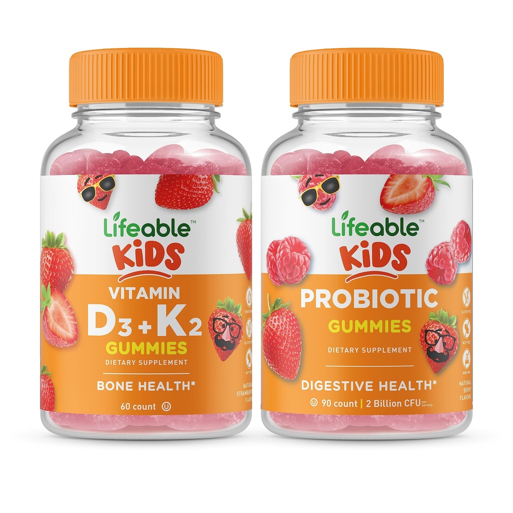 Lifeable Vitamin D3 + Vitamin K2 Kids + Probiotic 2 Billion CFU Kids, Gummies Bundle - Great Tasting, Vitamin Supplement, Gluten Free, GMO Free, Chewable Gummy