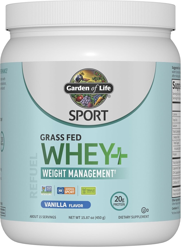 Garden of Life Sport Whey Plus Διαχείριση βάρους με Amino Energy - 20g Grass Fed Protein Isolate για γυναίκες και άνδρες - Vanilla Powder - με Capsimax, 2 δισεκατομμύρια CFU Probiotics, Περίπου 15 εξυπηρετήσεις