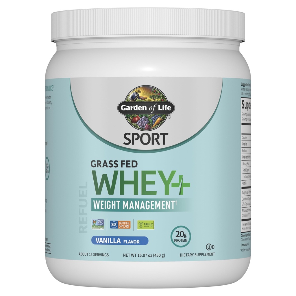 Garden of Life Sport Whey Plus Διαχείριση βάρους με Amino Energy - 20g Grass Fed Protein Isolate για γυναίκες και άνδρες - Vanilla Powder - με Capsimax, 2 δισεκατομμύρια CFU Probiotics, Περίπου 15 εξυπηρετήσεις