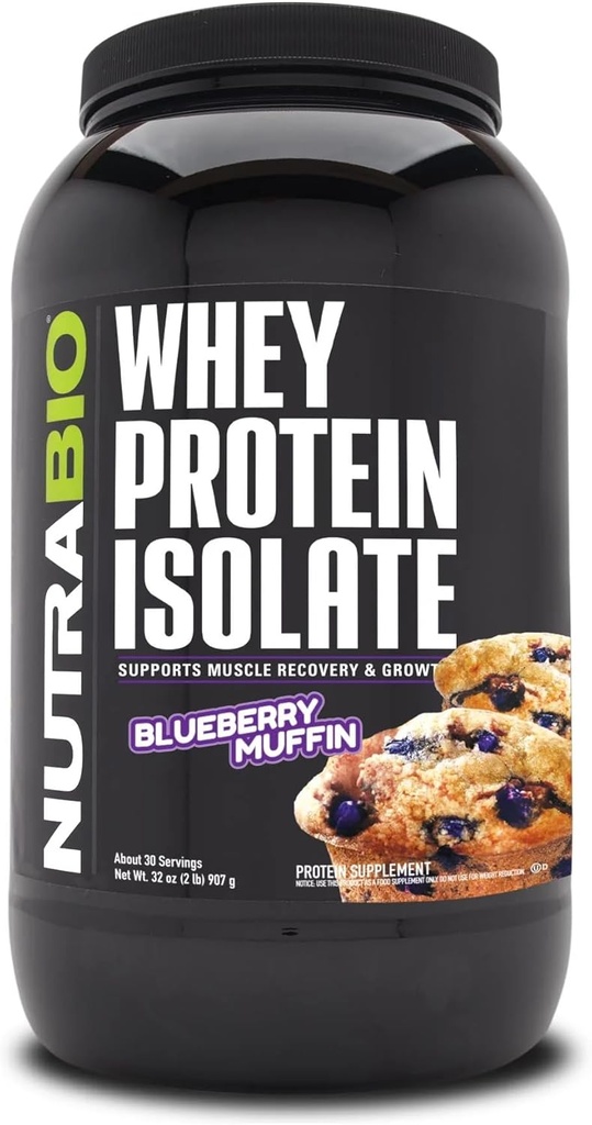 NutraBio 100% Whey Protein Isolate Protein Powder, 25g Protein with Complete Amino Acid Profile, Non-GMO, Soy & Glutten Free, Low Carb, Low Calorie Whey Protein Powder, Blueberry Muffin, 2 Lbs