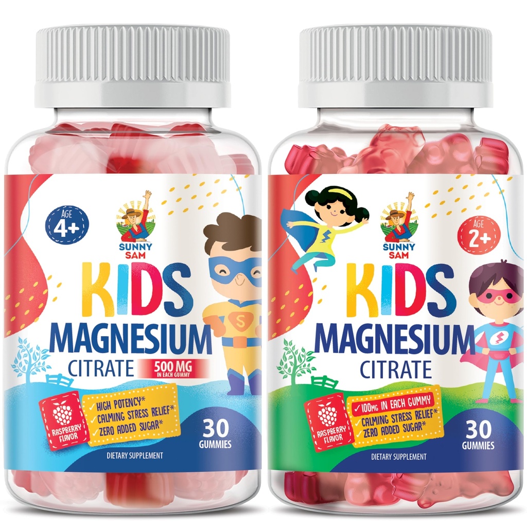 SUNNY SAM Magnesium Gummies for Kids - 100mg και Magnesium Gummies for Kids 500mg. Μάσημα μαγνησίου - Μαγνήσιο Κιτρικό Μασώμενο συμπλήρωμα για την υποστήριξη Mood & μυών