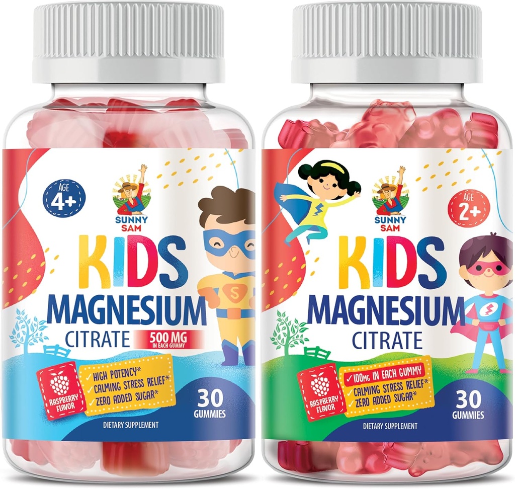SUNNY SAM Magnesium Gummies for Kids - 100mg και Magnesium Gummies for Kids 500mg. Μάσημα μαγνησίου - Μαγνήσιο Κιτρικό Μασώμενο συμπλήρωμα για την υποστήριξη Mood & μυών