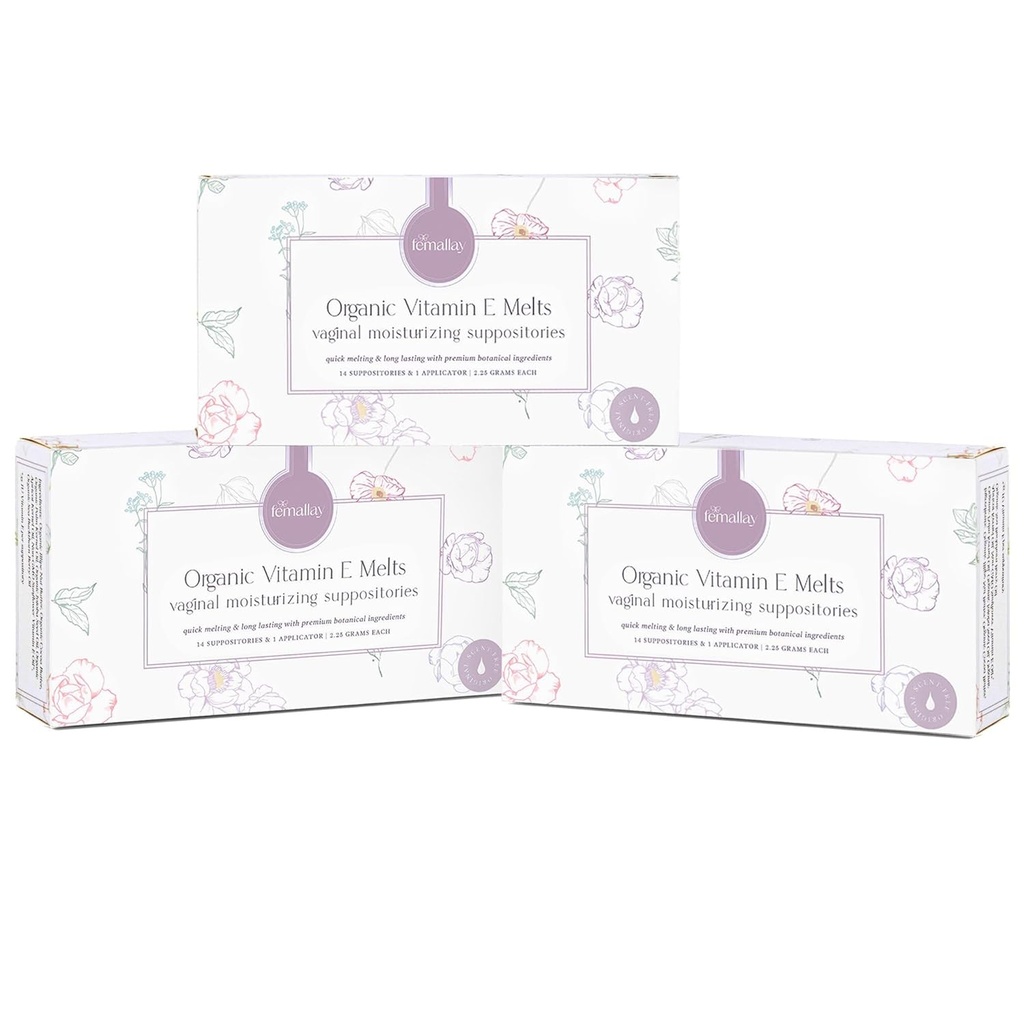 Femallay Organic Vitamin E Vaginal Melts - 3 Pack - Relief for Menopause Dryness & Irritation - 14 Count + Applicator