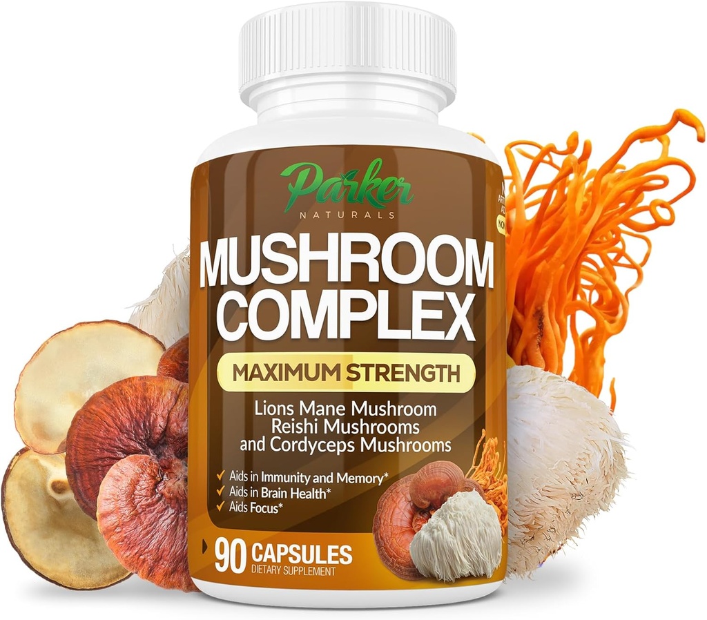 Parker Naturals Mushroom Complex κάψουλες, Premium Lions Mane, Cordyceps, και Reishi Mushroom συμπλήρωμα, μέγιστης αντοχής οργανικά μανιτάρια συμπλήρωμα, 90 κάψουλες
