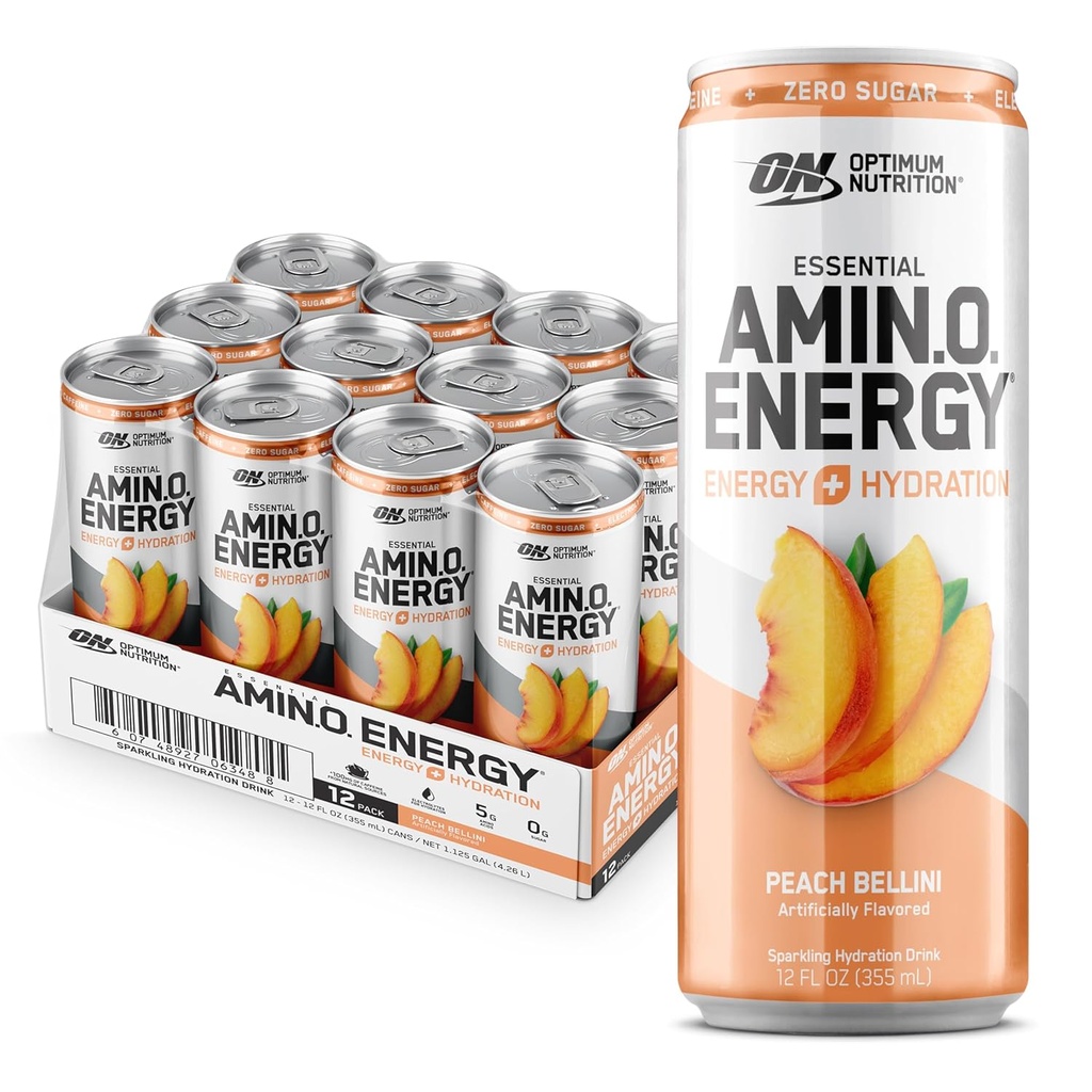 Optimum Nutrition Amino Energy Αφρώδης Ποτό ενυδάτωσης, ηλεκτρολύτες, καφεΐνη, Αμινοξέα, BCAAs, Χωρίς ζάχαρη, Ροδάκινο Bellini, 12 Fl Oz, 12 Pack (Συσκευασία Μαΐου Vary)