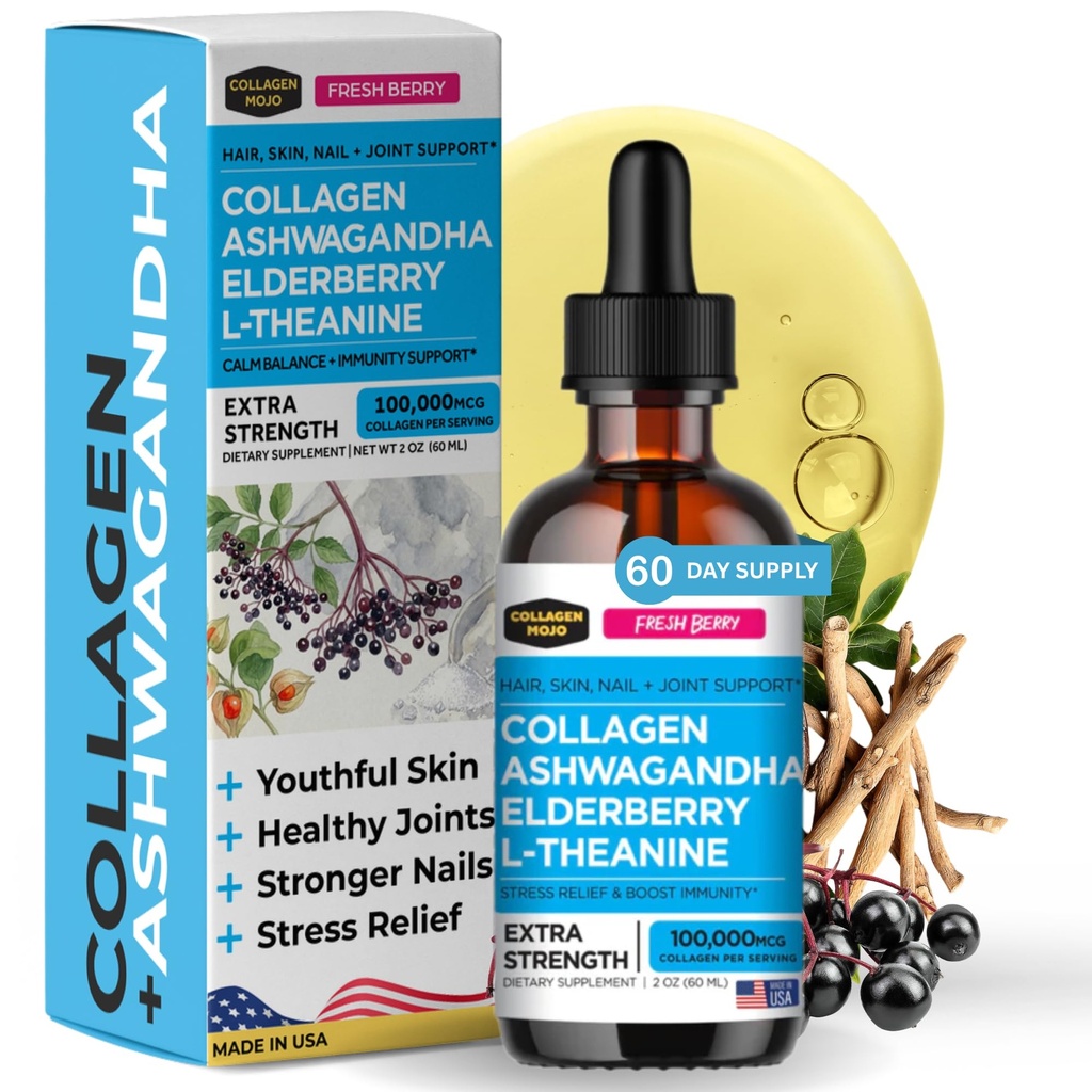 Collagen Mojo - Υγρό κολλαγόνο για γυναίκες & άνδρες, Collagen Peptides με Ashwagandha, Elderberry & L-Theanine - Μαλλιά, δέρμα, νύχια, κοινή & υποστήριξη στρες, υψηλή απορρόφηση - 100.000mcg, 2 Oz