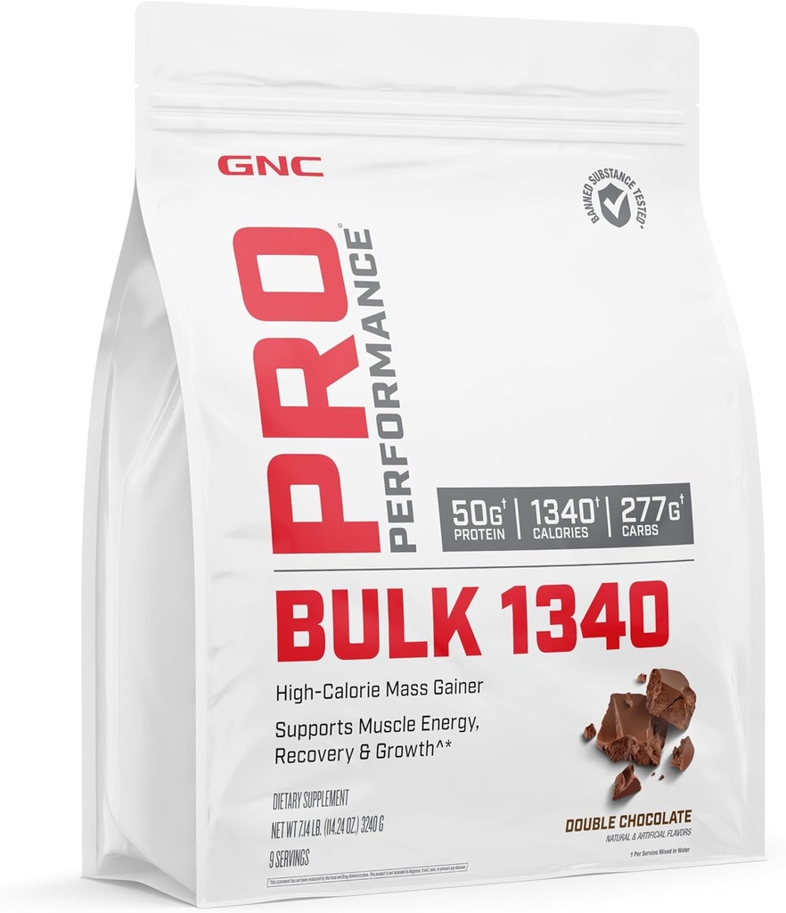 GNC Pro Performance Bulk 1340 Mass Gainer Protein Powder, 50g, Gluten Free, Whey, Createine, BCAA, 3ο μέρος δοκιμαστεί, αποκατάσταση μυών & ανάπτυξη, μικροθρεπτικά συστατικά, διπλή σοκολάτα, 9 υπηρεσίες