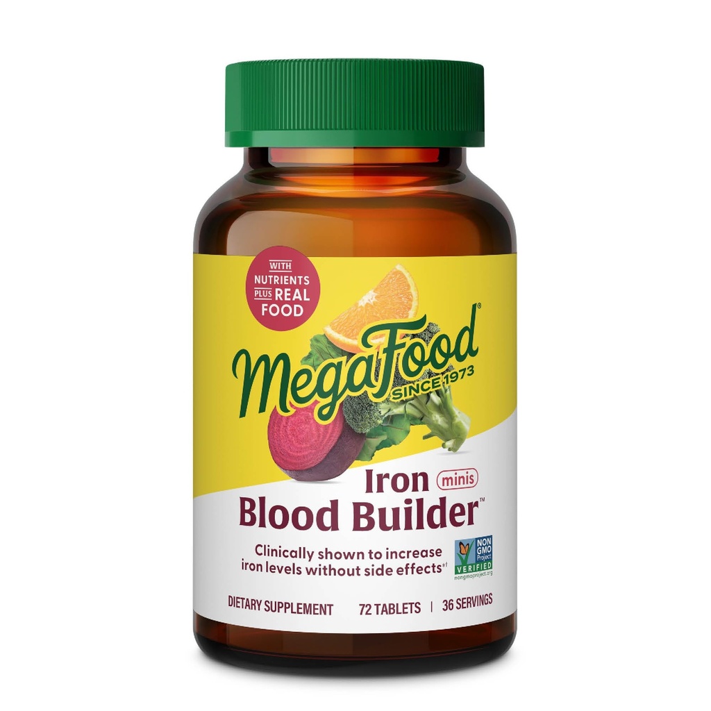 MegaFood Blood Builder Iron Supplement for Women & Men - Αυξήστε τα επίπεδα σιδήρου χωρίς παρενέργειες - Καταπολέμηση της κόπωσης - Βιταμίνη Β12, Φολικό οξύ & βιταμίνη C - Vegan - 72 Mini Tablets (36 Servings)