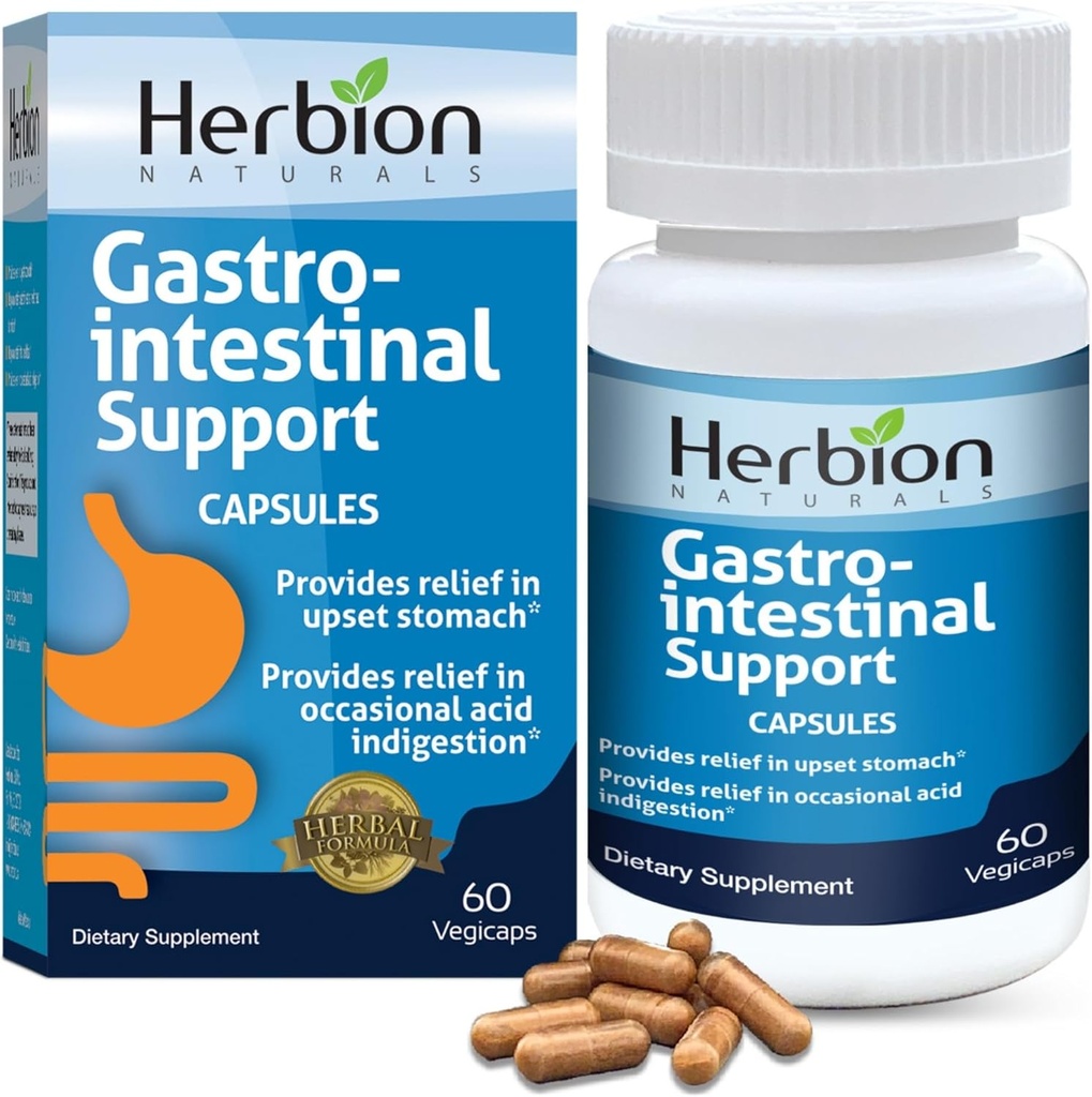HERBION Naturals Γαστροεντερική υποστήριξη Βοτανική ανάμειξη για αναταραγμένη ανακούφιση στομάχου, Γαστρεντερική υγεία και λειτουργία, περιστασιακή δυσπεψία οξέος, Υγιεινή ενδοκρινική χλωρίδα, 60 κόμης, συσκευασία του 1