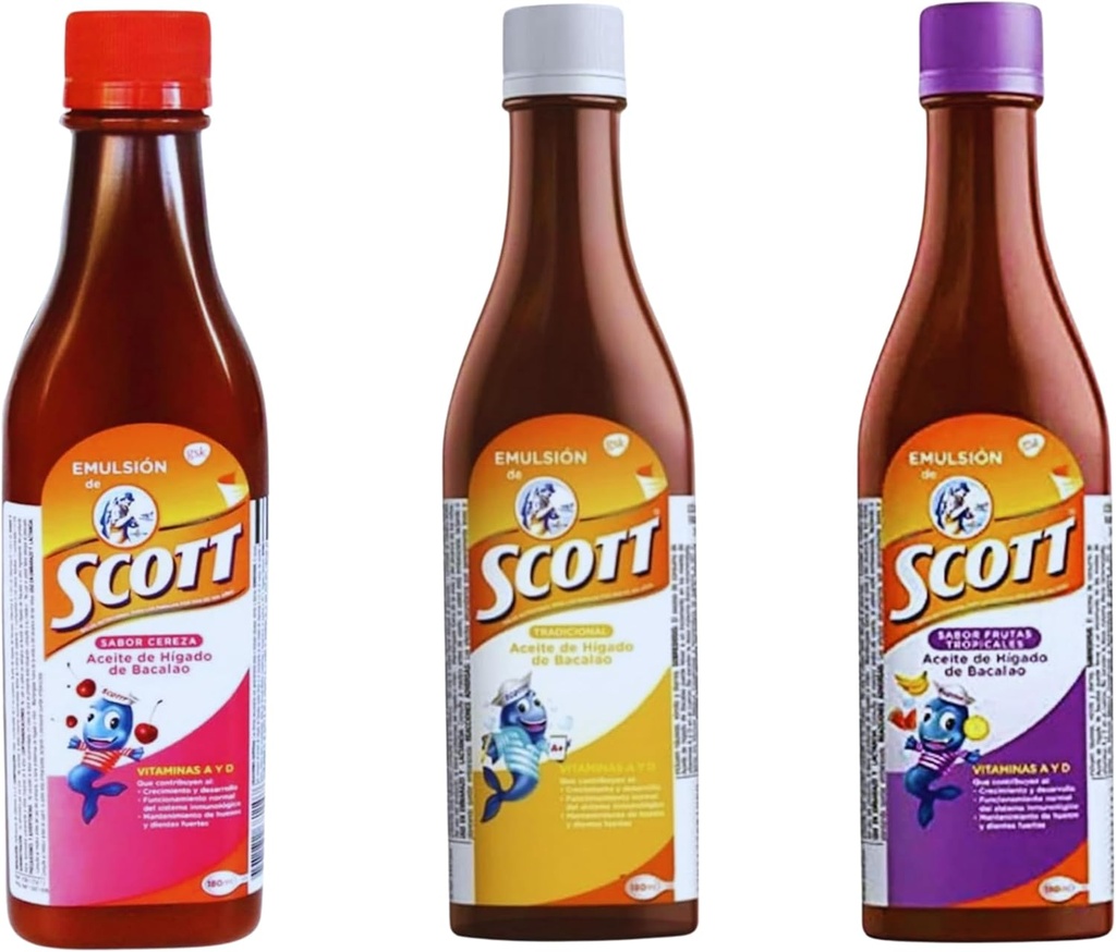 Emulsión de Scott 3 Πακέτο Combo – Cod Liver Oil (Παραδοσιακό, Cherry, Tropical Fruit Flavors) - 180ml Καθένα
