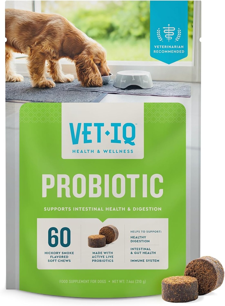 VetIQ Probiotic συμπλήρωμα για τα σκυλιά, Digestive υποστήριξη για τα σκυλιά, Nourishes Βακτήρια και υποστηρίζει Bowel λειτουργία, Hickory άρωμα καπνού, Made in The USA, 60 Count